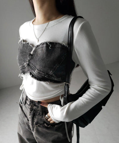 【 ２color 】サイドリボンダメージデニムドッキングＴシャツ ／ side ribbon damage denim docking Tee