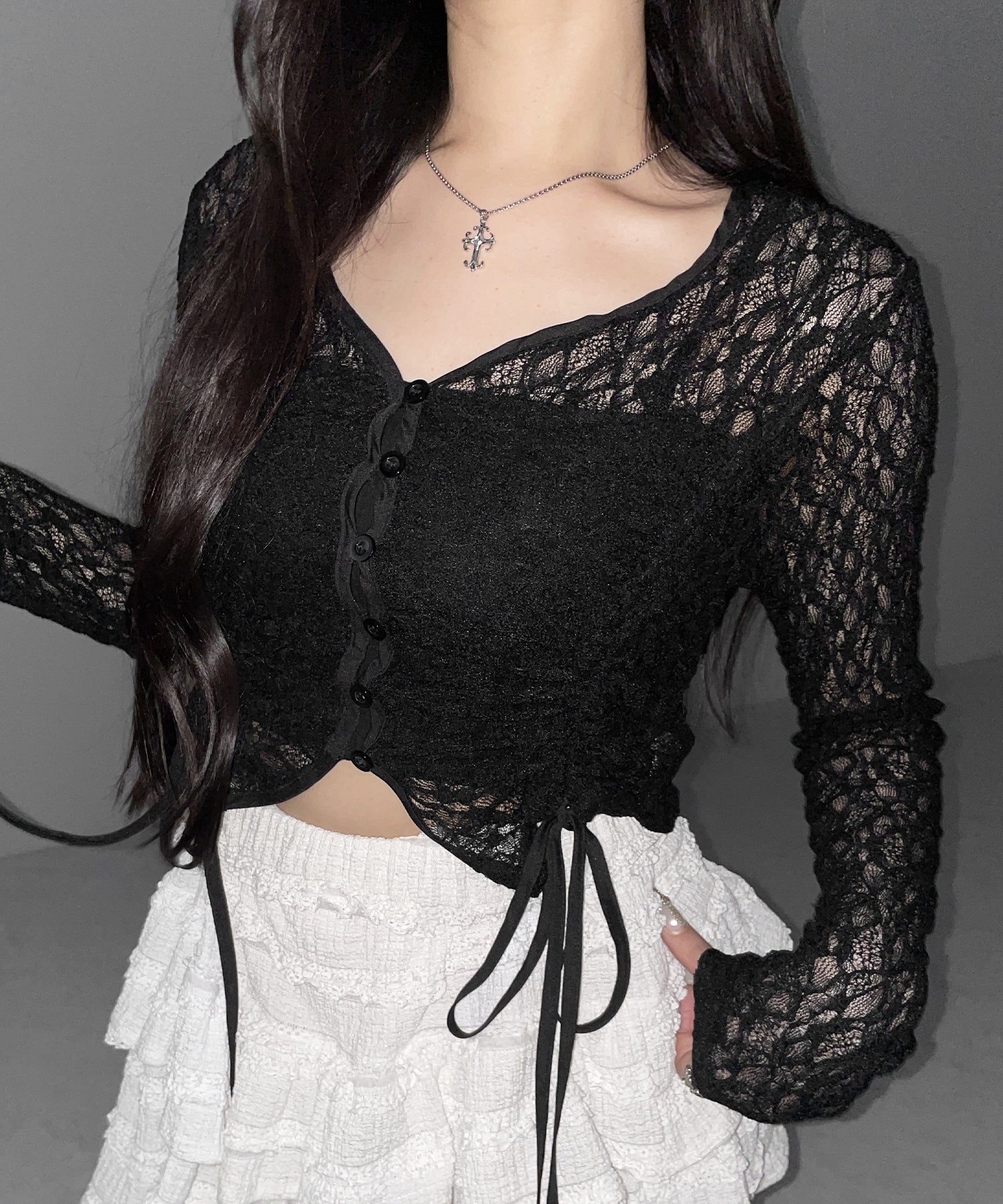 ダブルシャーリングショートレースカーディガン ／ double shirring short lace cardigan