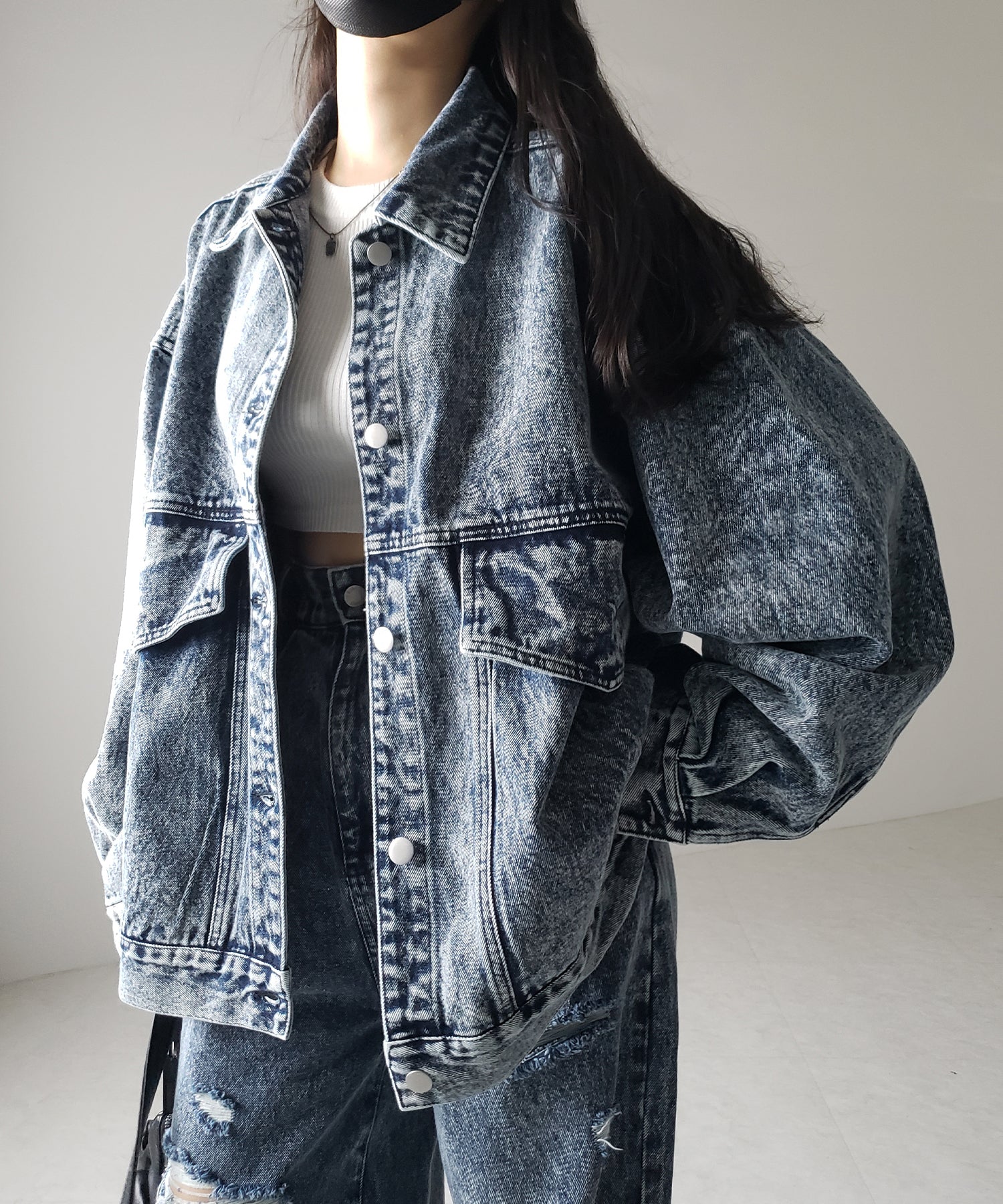 【 デニムセットアップ着用可能 】ヴィンテージケミカルブリーチタックダメージワイドデニム ／ vintage chemical bleach tuck damage wide denim