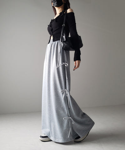 【 ２color 】３ストラップサイドリボンロングスウェットスカート／ three strap side ribbon long sweat skirt