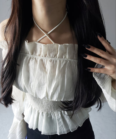 【 ２color ／ ２WAY 】ウエストシャーリングシアーフリルオフショルブラウス ／ waist shirring sheer frill off shoulder blouse