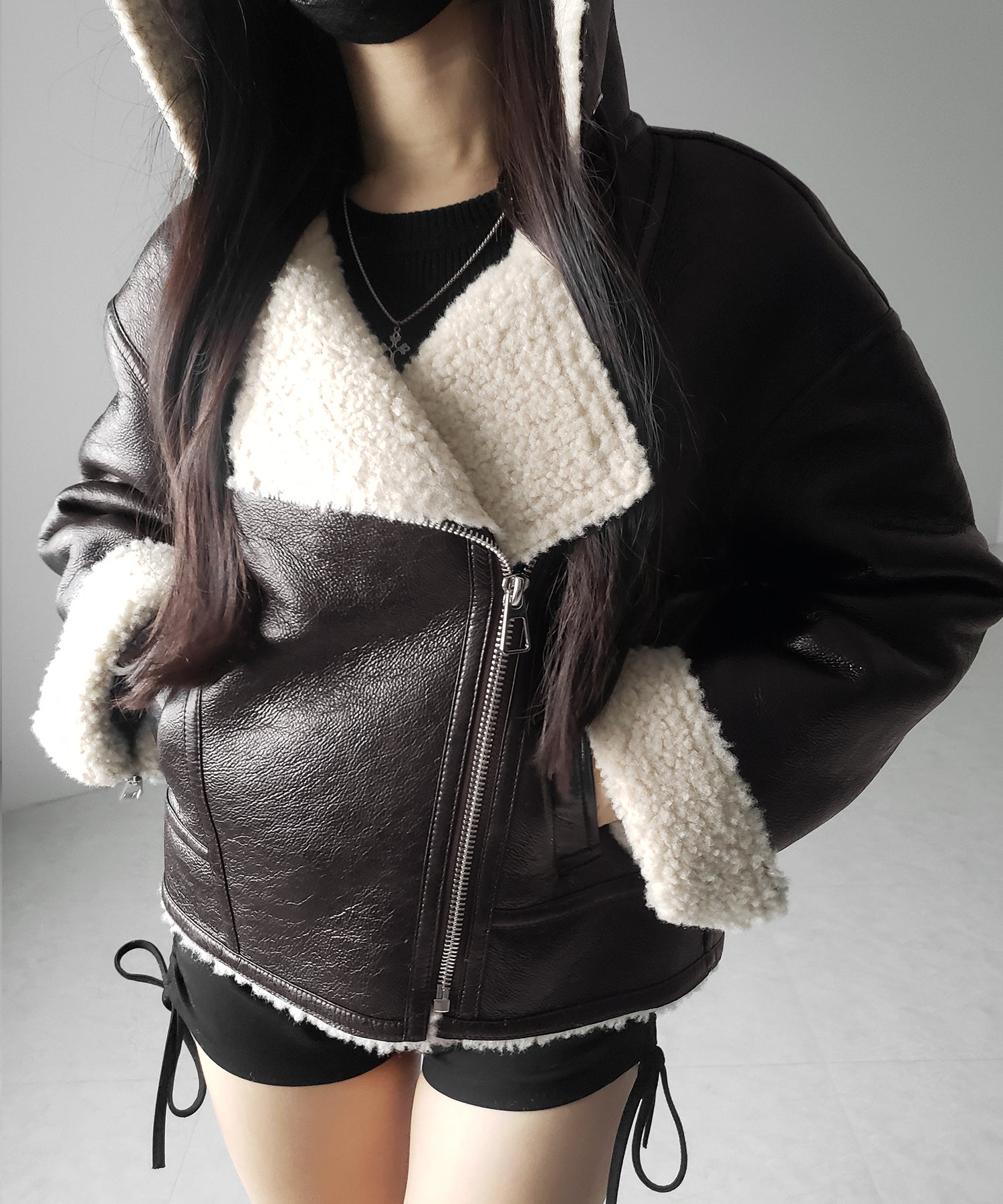 ヴィンテージレザーフーディボアムートンジャケット ／ vintage leather hoodie boa mouton jacket