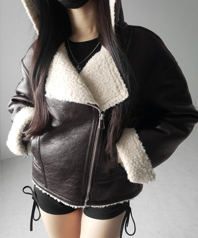 ヴィンテージレザーフーディボアムートンジャケット ／ vintage leather hoodie boa mouton jacket