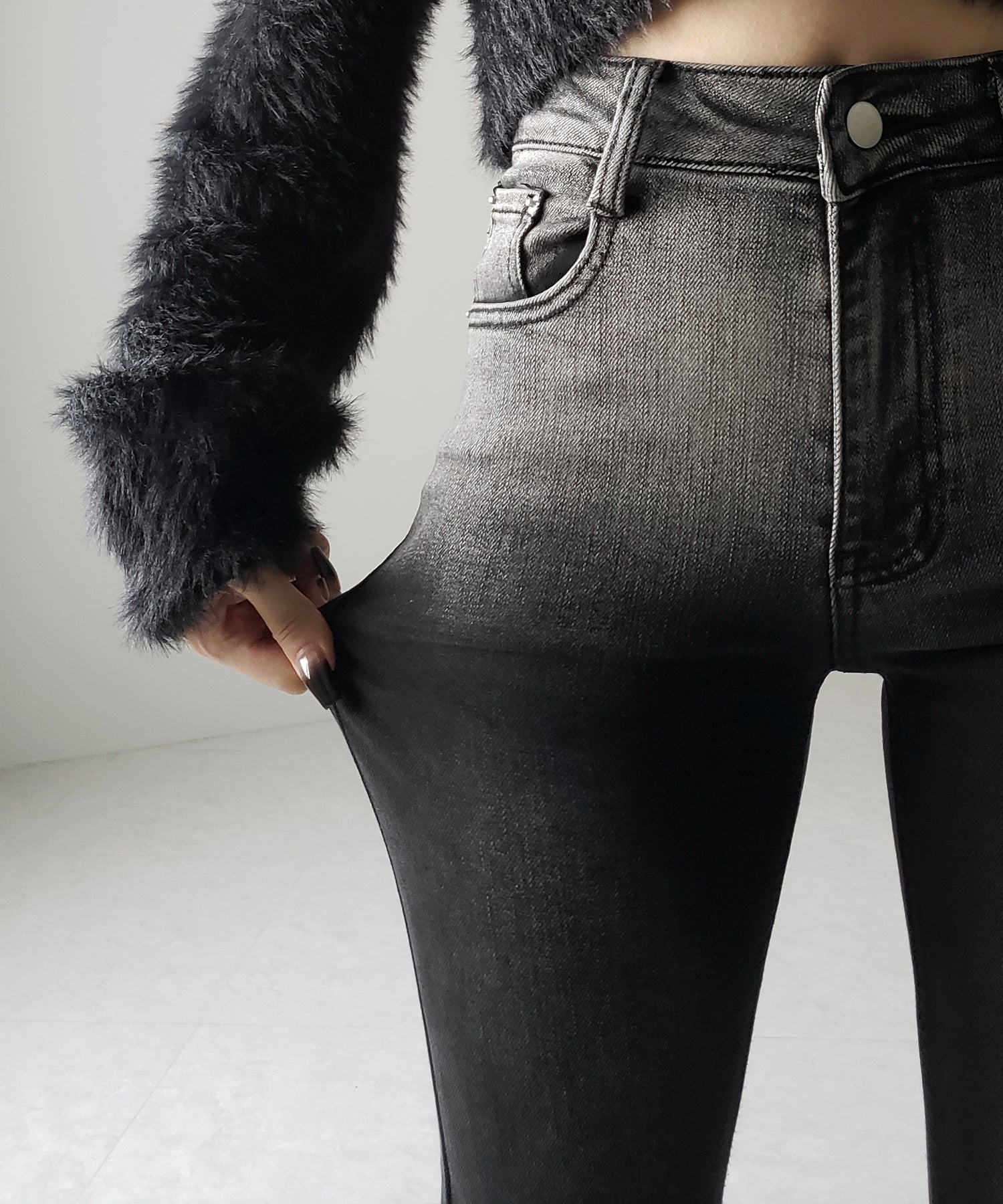 【４size 】ブリーチグラデーションストレッチブラックフレアデニム ／ bleach gradation stretch black flare denim