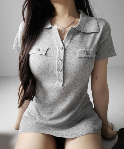 スキッパーボタンロングシアーニットトップス ／ skipper button long sheer knit tops