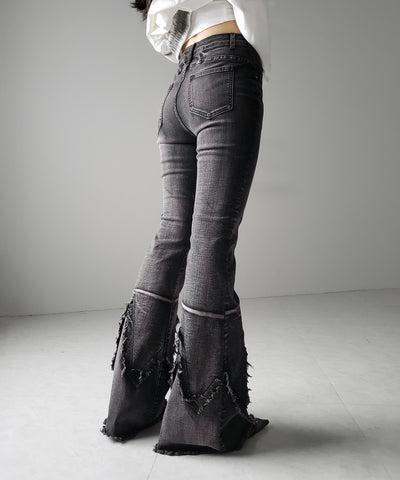 【 ２color ／ ４size 】クロスデザインヴィンテージライクフリンジストレッチフレアデニム ／ cross design vintage-like fringe stretch flare denim
