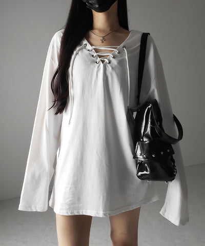 【 ２color 】レースアップルーズシルエット長袖ビッグTシャツ ／ laceup loose silhouette long sleeve big T-shirt