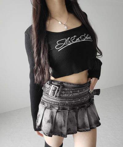 【 インパン裏地付 】ダブルベルトヴィンテージデニムプリーツミニスカート ／ double belt vintage denim pleats mini skirt