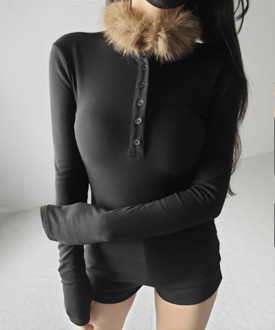 【 裏起毛 】ファーカラーヘンリーネックトップス ／ urakimo fur collar henley neck tops