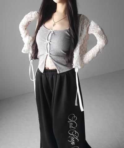 フロントリボンレースレイヤードリブキャミソール ／Front ribbon lace layered ribbed camisole