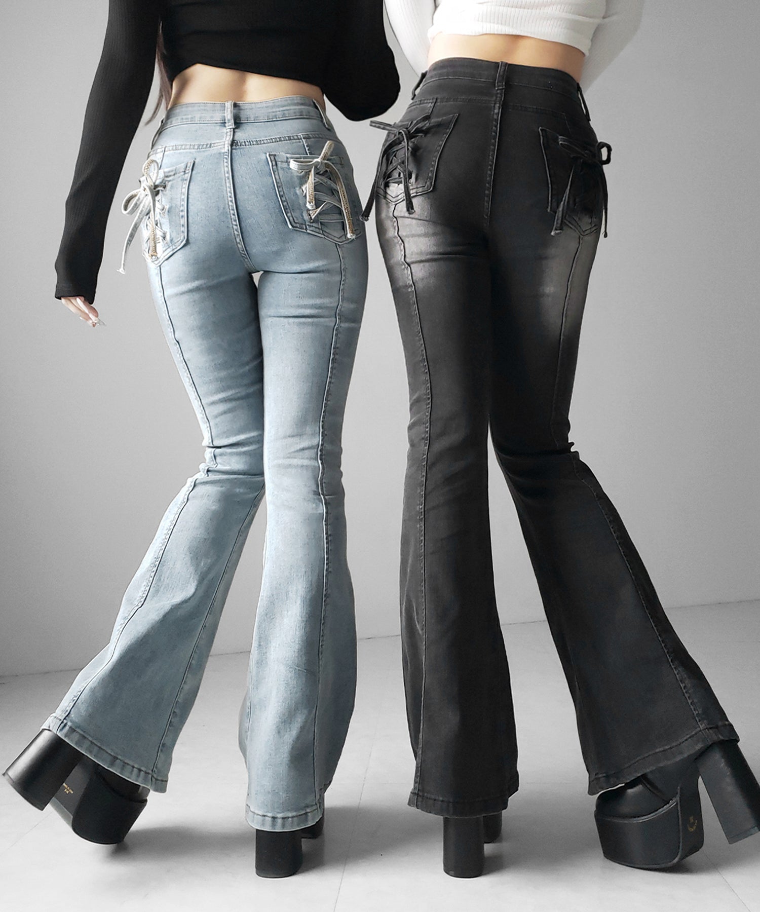 【４size 】バックリボンレースアップ美脚ストレッチフレアデニム ／ back ribbon lace up slim leg stretch flare denim