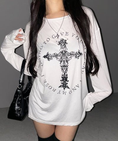【 ワンショルにできる２ｗａｙ 】クロスロゴプリントワンショルルーズシアーＴシャツ ／ 2WAY cross logo print one shoulder loose sheer T-shirt