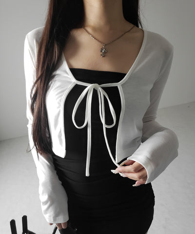 【 ２color 】フロントリボンカットソーショートカーディガン ／ front ribbon cutsew short cardigan
