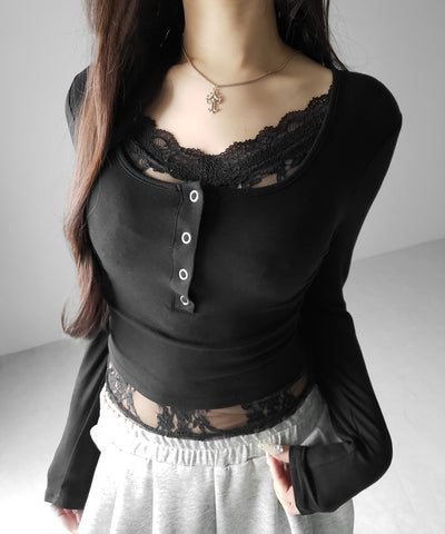 【 人気アイテムの長袖verが新登場！ 】レースレイヤードヘンリーネックスクエア長袖Ｔシャツ ／ lace layered henley neck square long sleeve T-shirt