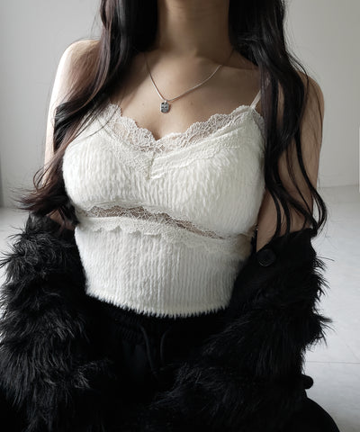 【 カップ付き 】ダブルレースシャギーファーショートビスチェキャミソール ／ double lace shaggy fur short bustier camisole