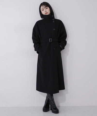 【 ウエストマークベルトSET 】２WAY スタンドカラーレディメルトントレンチロングコート ／ 2WAY stand collar lady melton trench long coat