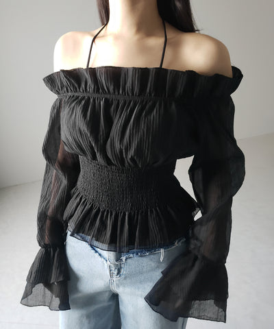 【 ２color ／ ２WAY 】ウエストシャーリングシアーフリルオフショルブラウス ／ waist shirring sheer frill off shoulder blouse