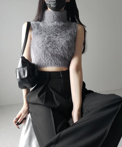 【 ３color 】タートルネックショートシャギーノースリニットトップス ／ turtleneck short shaggy nosleeve knit tops