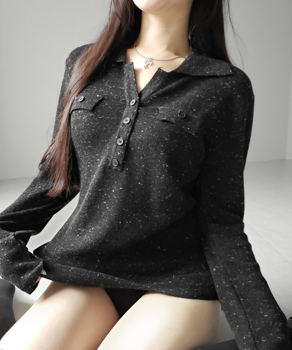 スキッパーボタン長袖ロングニットトップス ／ skipper button long sleeve long sheer knit tops