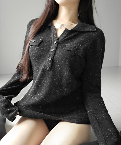 スキッパーボタン長袖ロングニットトップス ／ skipper button long sleeve long sheer knit tops