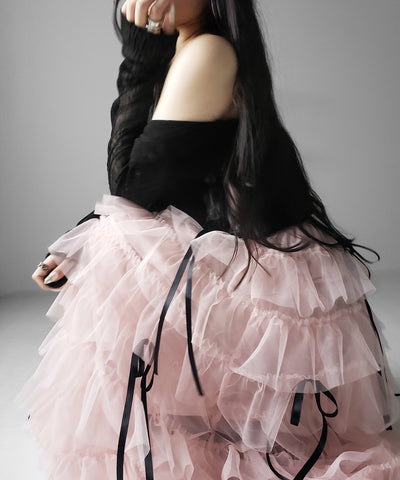 【 新色ピンク追加！／５color 】ストラップリボンバレエコアチュールスカート ／strap ribbon ballet core tulle skirt