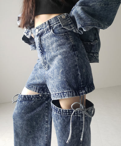 【 セットアップ着用可能 】２WAYヴィンテージケミカルブリーチカットアウトリボンデニム ／ 2WAY vintage chemical bleach cutout ribbon denim