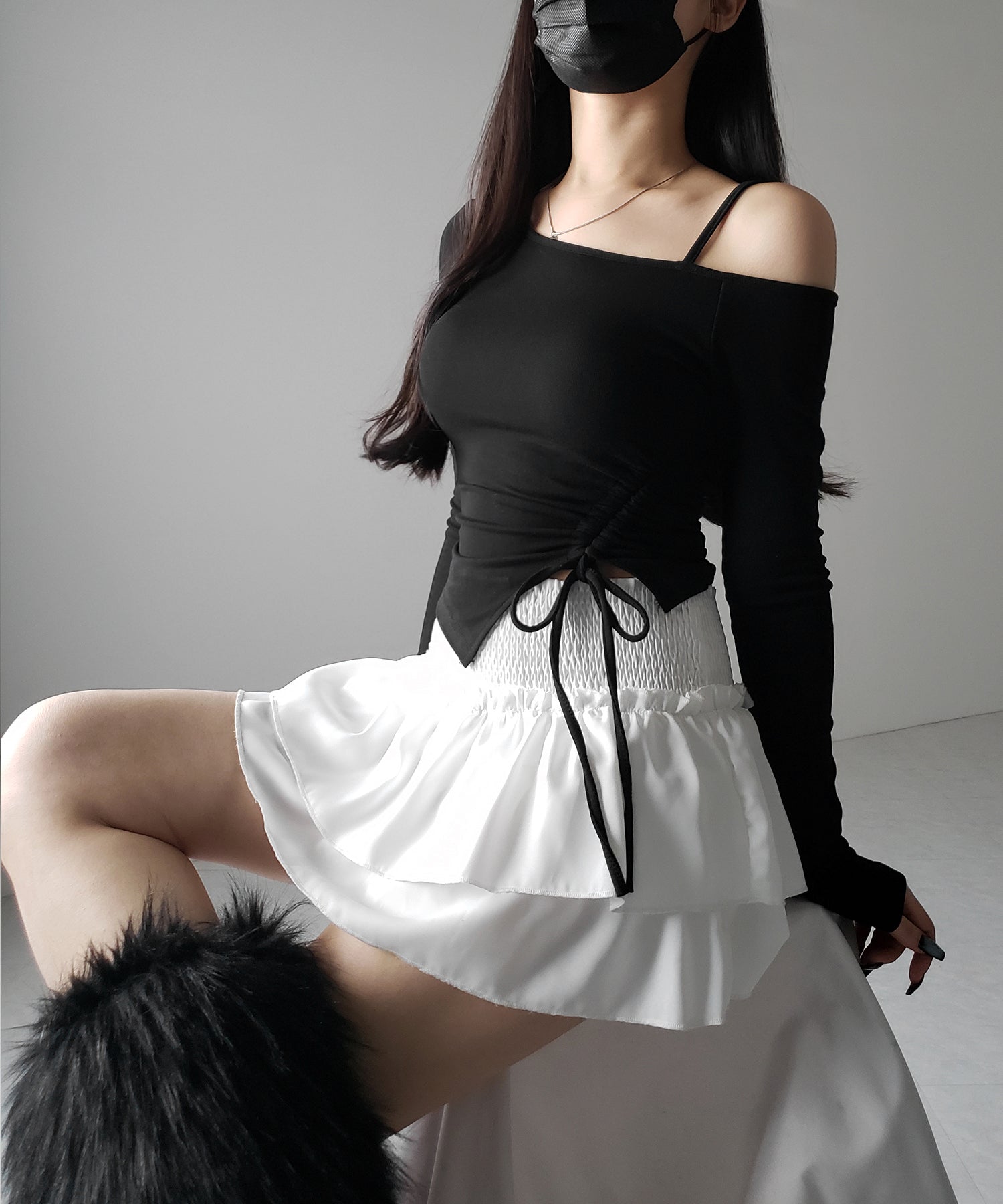 【 裏起毛 ／ カップ付 】サイドシャーリングリボンワンショルトップス ／ side shirring ribbon one shoulder tops
