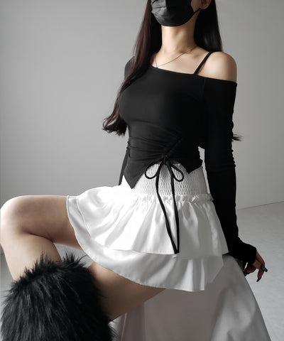 【 裏起毛 ／ カップ付 】サイドシャーリングリボンワンショルトップス ／ side shirring ribbon one shoulder tops