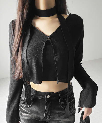 【 ２color ／ ２WAY 】チョーカーロングタイ付きショートシアーカーディガン ／ choker long tie set short sheer cardigan