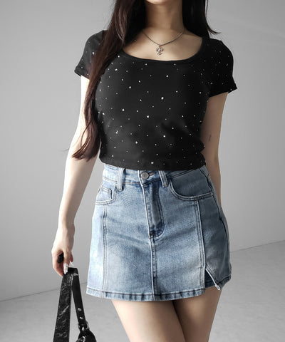 ミニスリットストレッチレイヤードデニムミニスカパン ／ mini slit stretch layered denim mini skirt pants