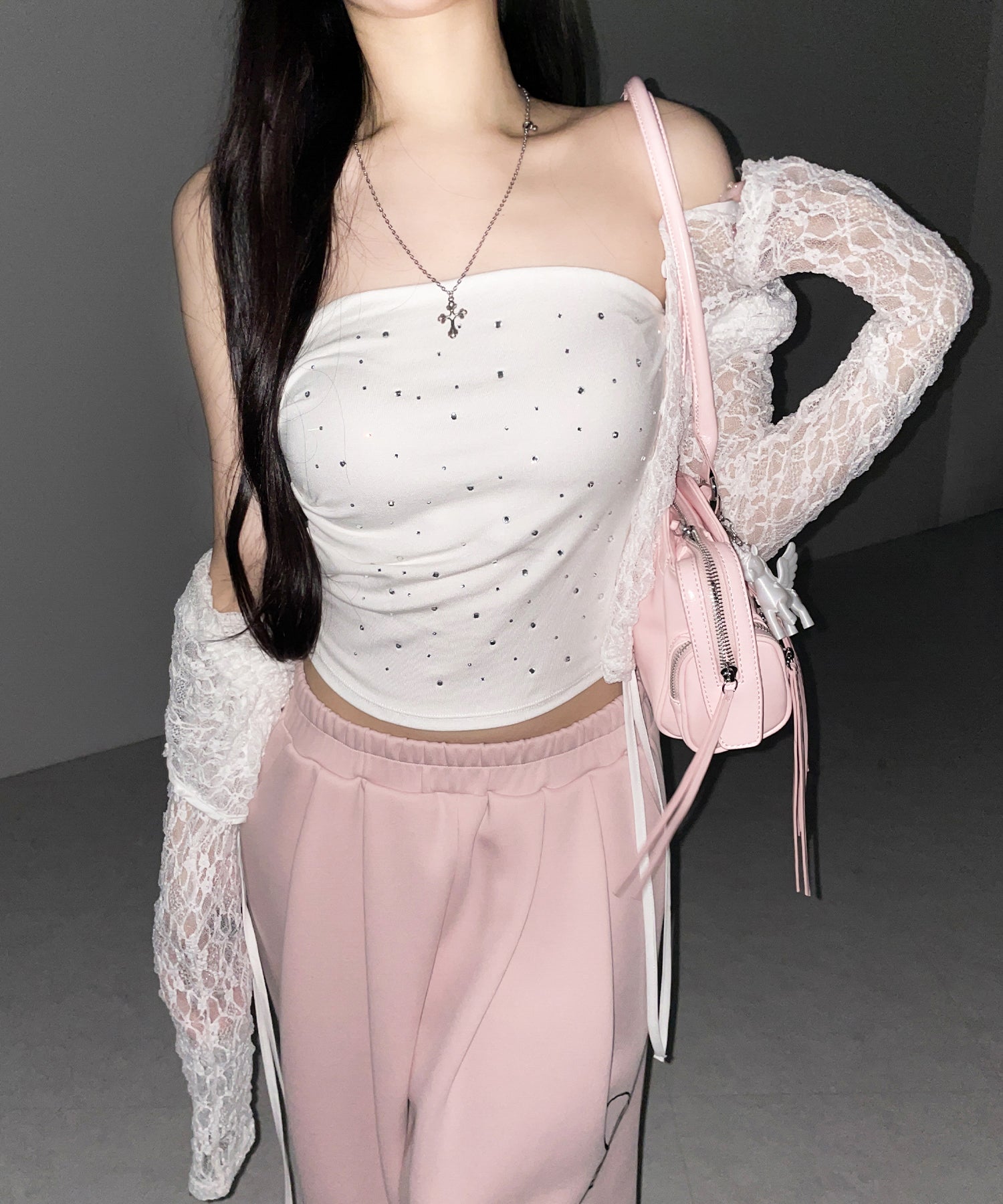 ラインストーンスリムフィットベアトップ ／ Rhinestone slim fit bare top