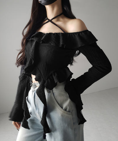 【 ２color 】クロスストラップリボンオフショルダーフリルブラウス ／ cross strap ribbon off shoulder frill blouse