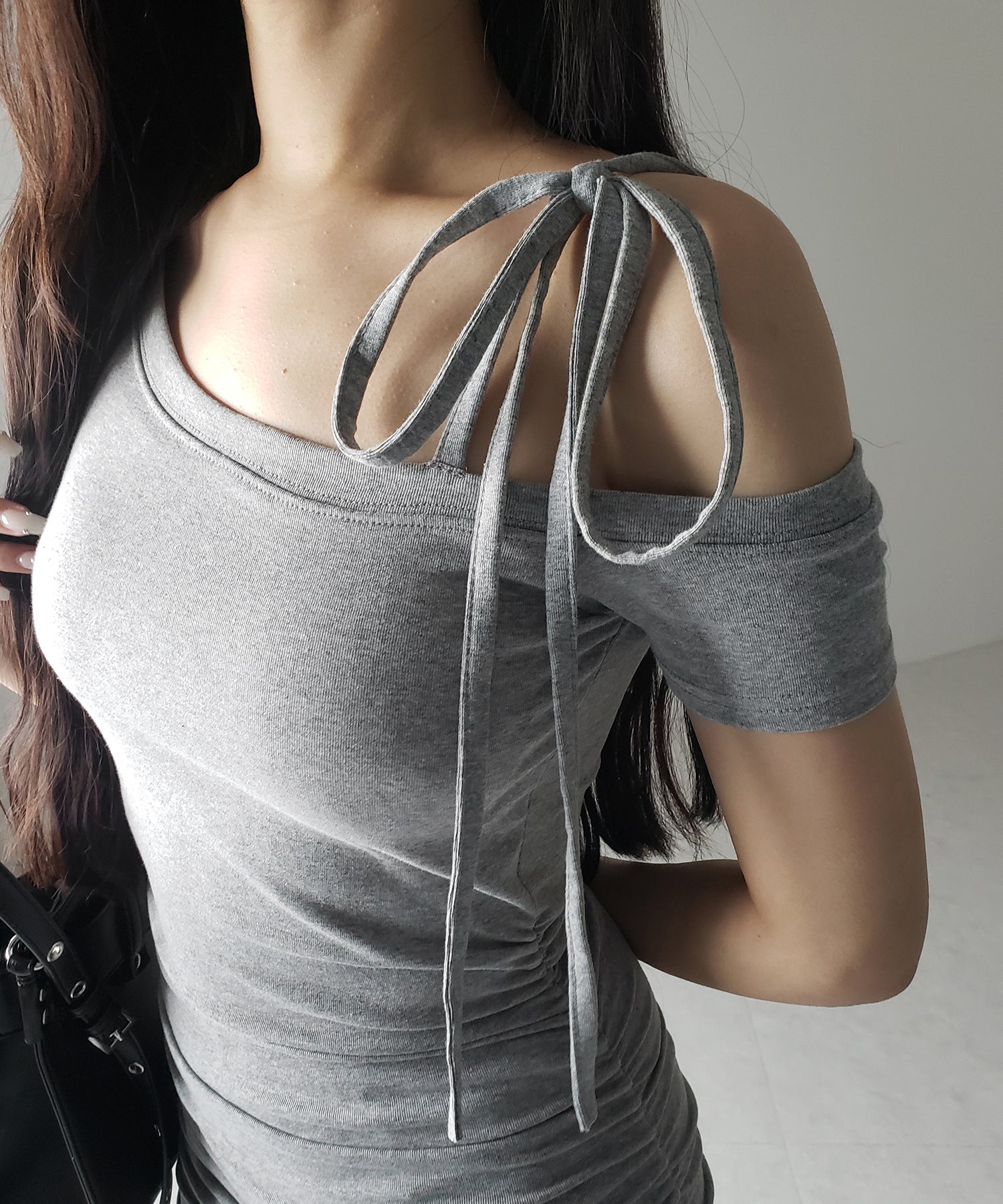 【 ２color ／ カップ付き 】ワンショルリボン半袖カットソーミニワンピ ／ one shoulder ribbon short sleeve cutsew mini onepiece