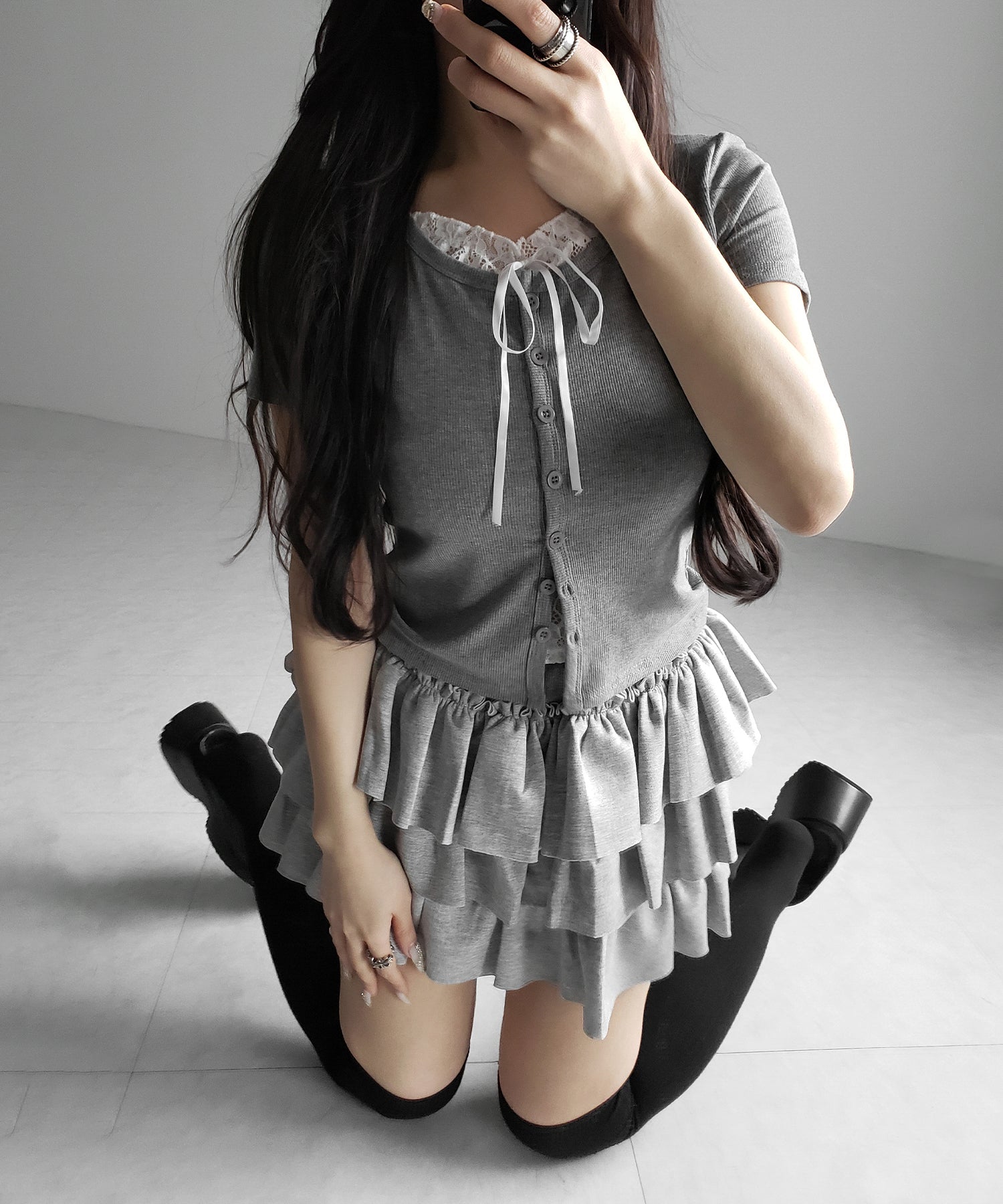 フロントリボンレースレイヤード半袖リブトップス ／front ribbon lace layered short sleeve rib tops