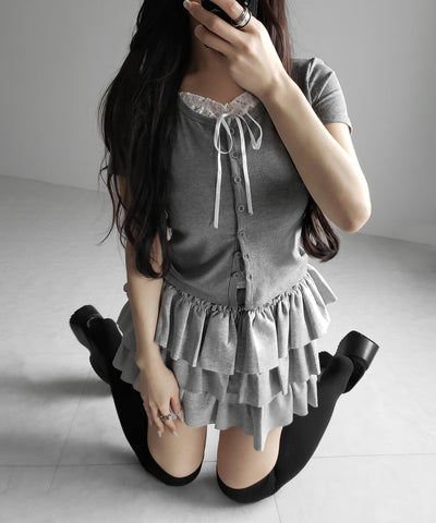 フロントリボンレースレイヤード半袖リブトップス ／front ribbon lace layered short sleeve rib tops