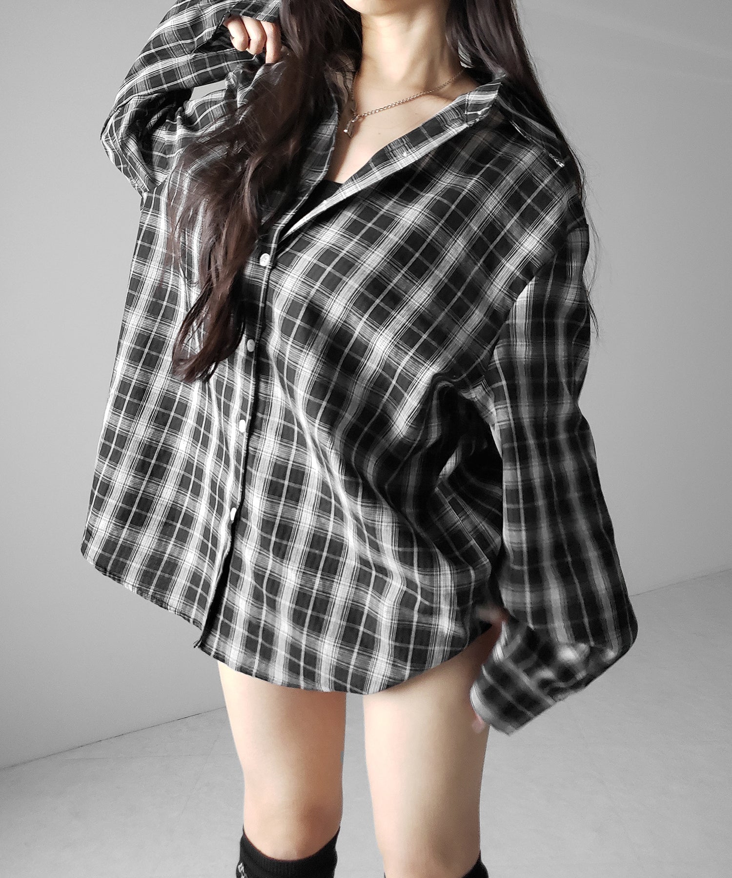ビッグシルエットブラックシアーチェックシャツ ／ big silhouette black sheer check shirt