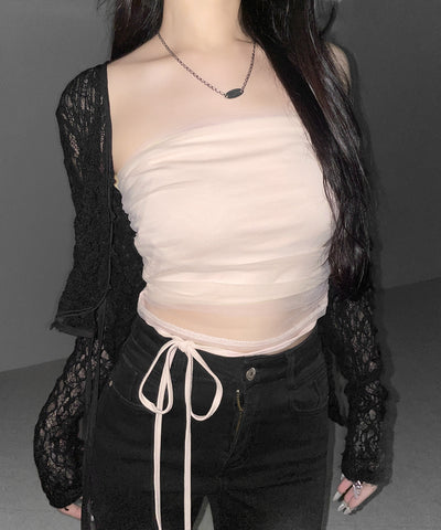 ウエストクロスチュールドッキングベアトップ ／ waist cross tulle docking bare top