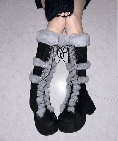 厚底レースアップムートンロングブーツ ／ platform laceup mouton long boots