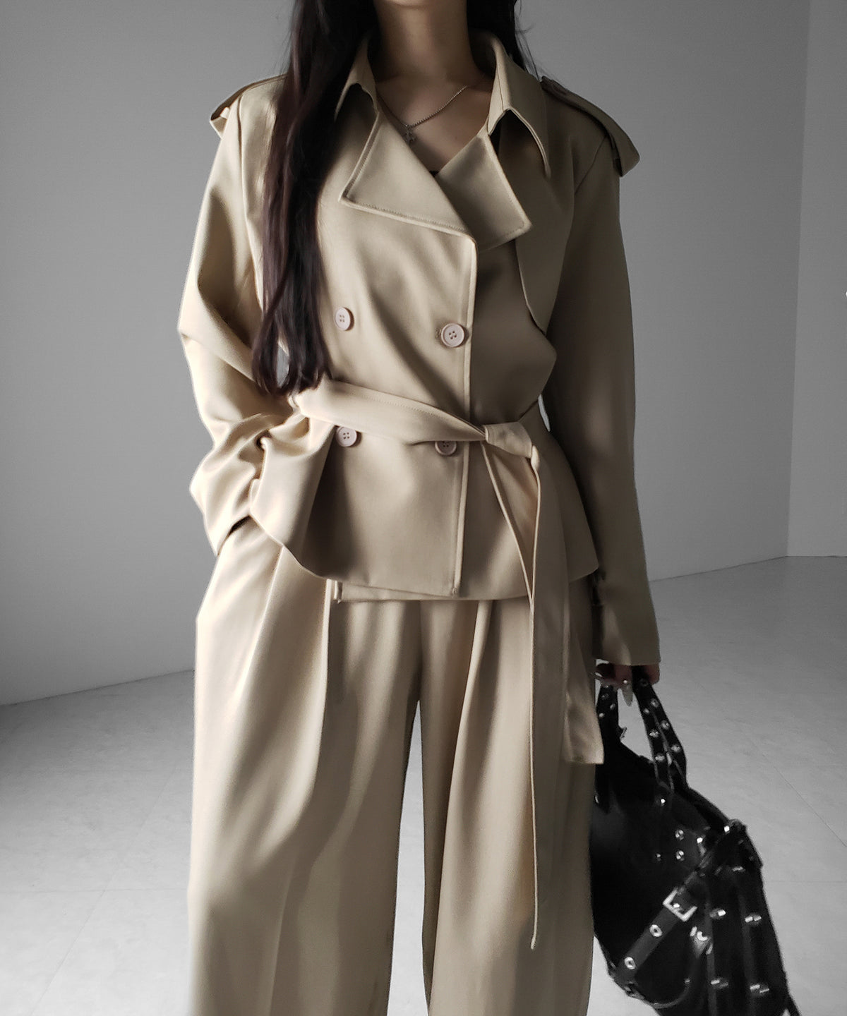 【 上下セットアップ 】ウエストマークショートトレンチコート ＋ タックワイドスラックスパンツ SETUP ／ Waist-mark short trench coat + tuck wide slacks pants
