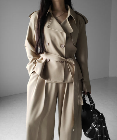 【 上下セットアップ 】ウエストマークショートトレンチコート ＋ タックワイドスラックスパンツ SETUP ／ Waist-mark short trench coat + tuck wide slacks pants