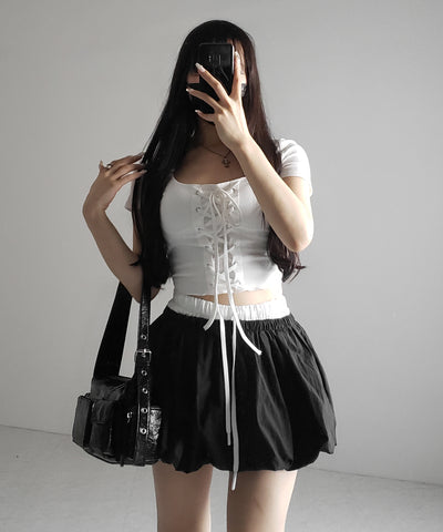 【 ２color ／インパン裏地付き 】フェイクレイヤードコットンバルーンミニスカート ／ fake layered cotton balloon mini skirt
