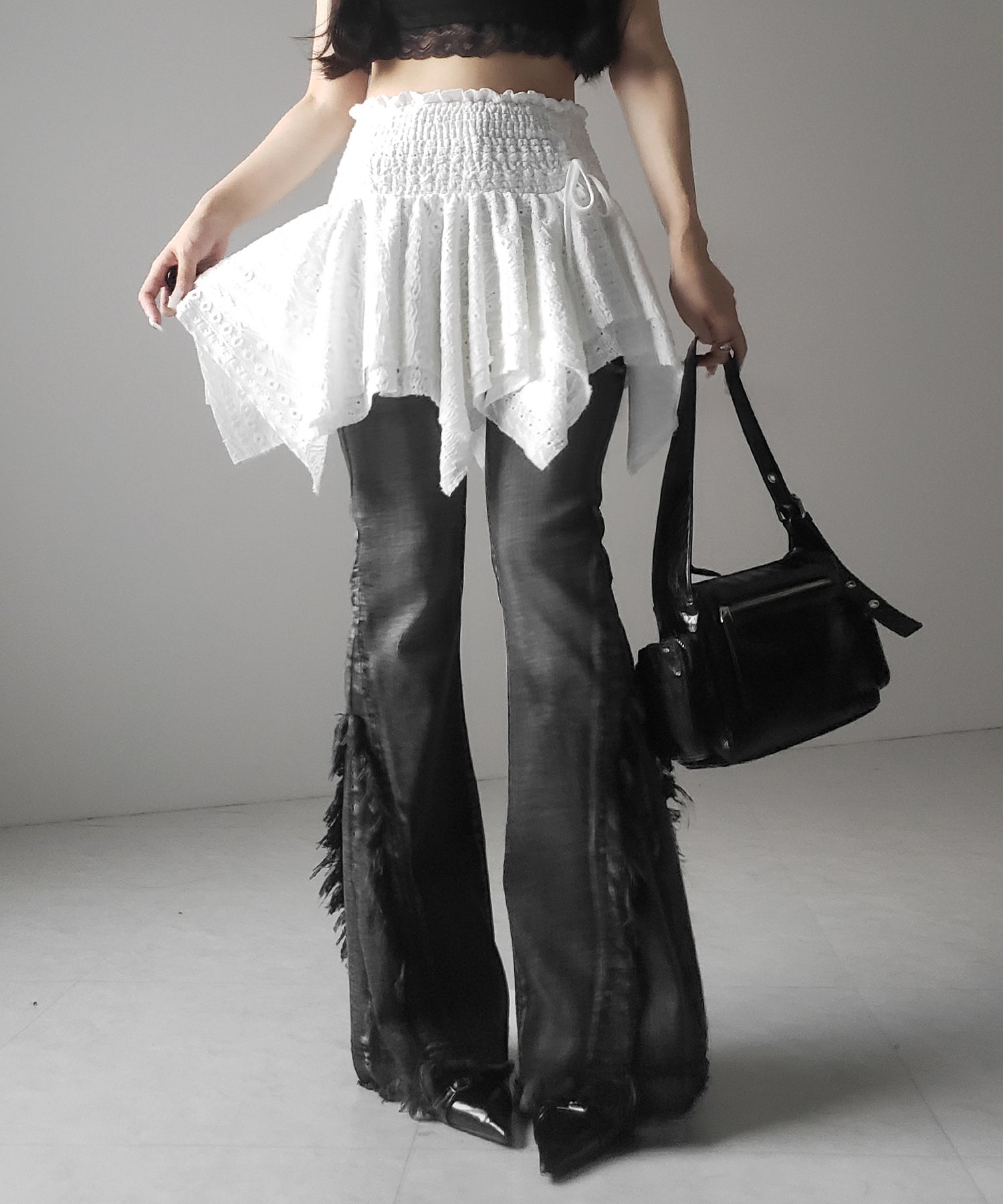 【 トップスとしても使える２WAY 】シャーリングリボンフリルビスチェミニスカート ／ shirring ribbon frill bustier mini skirt