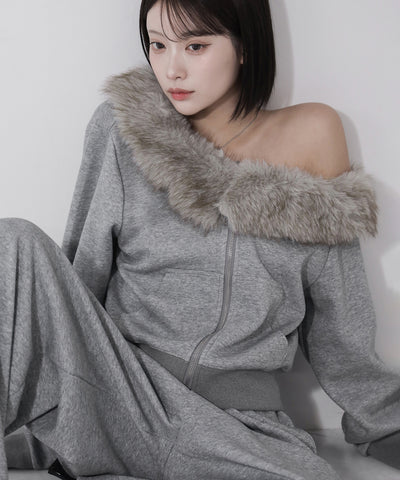 【 セットアップ 】ファーダブルジップワンショルスウェット＆タックワイドスウェットパンツ ／ Fur double-zip one-shoulder sweatshirt ＆ tuck wide sweatpants SETUP