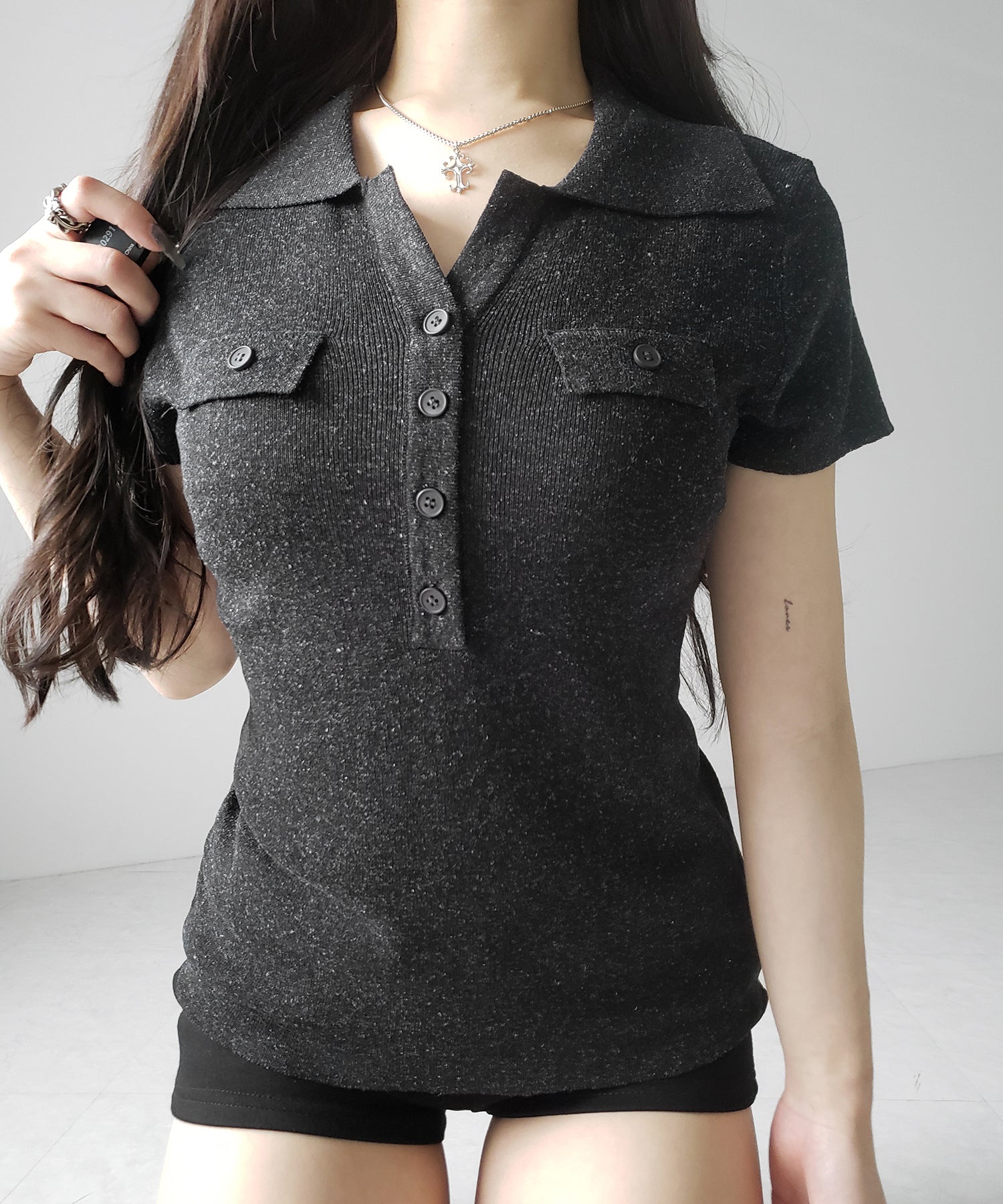 スキッパーボタンロングシアーニットトップス ／ skipper button long sheer knit tops