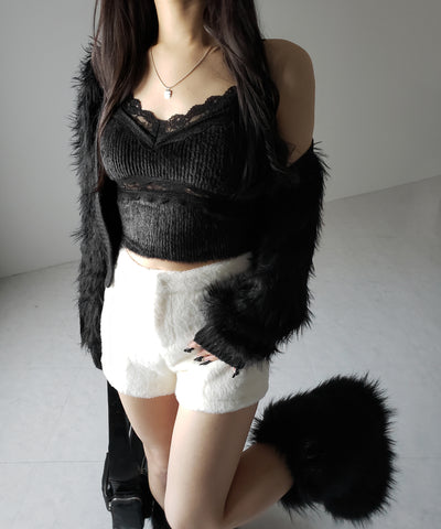 【 カップ付き 】ダブルレースシャギーファーショートビスチェキャミソール ／ double lace shaggy fur short bustier camisole