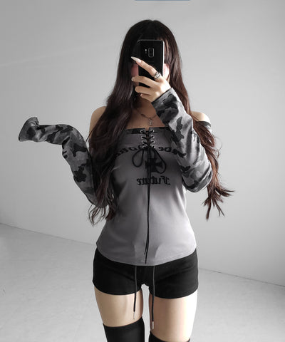 ヴィンテージカモフラロゴオフショルロンT ／vintage camouflage logo off-shoulder long-sleeve T-shirt
