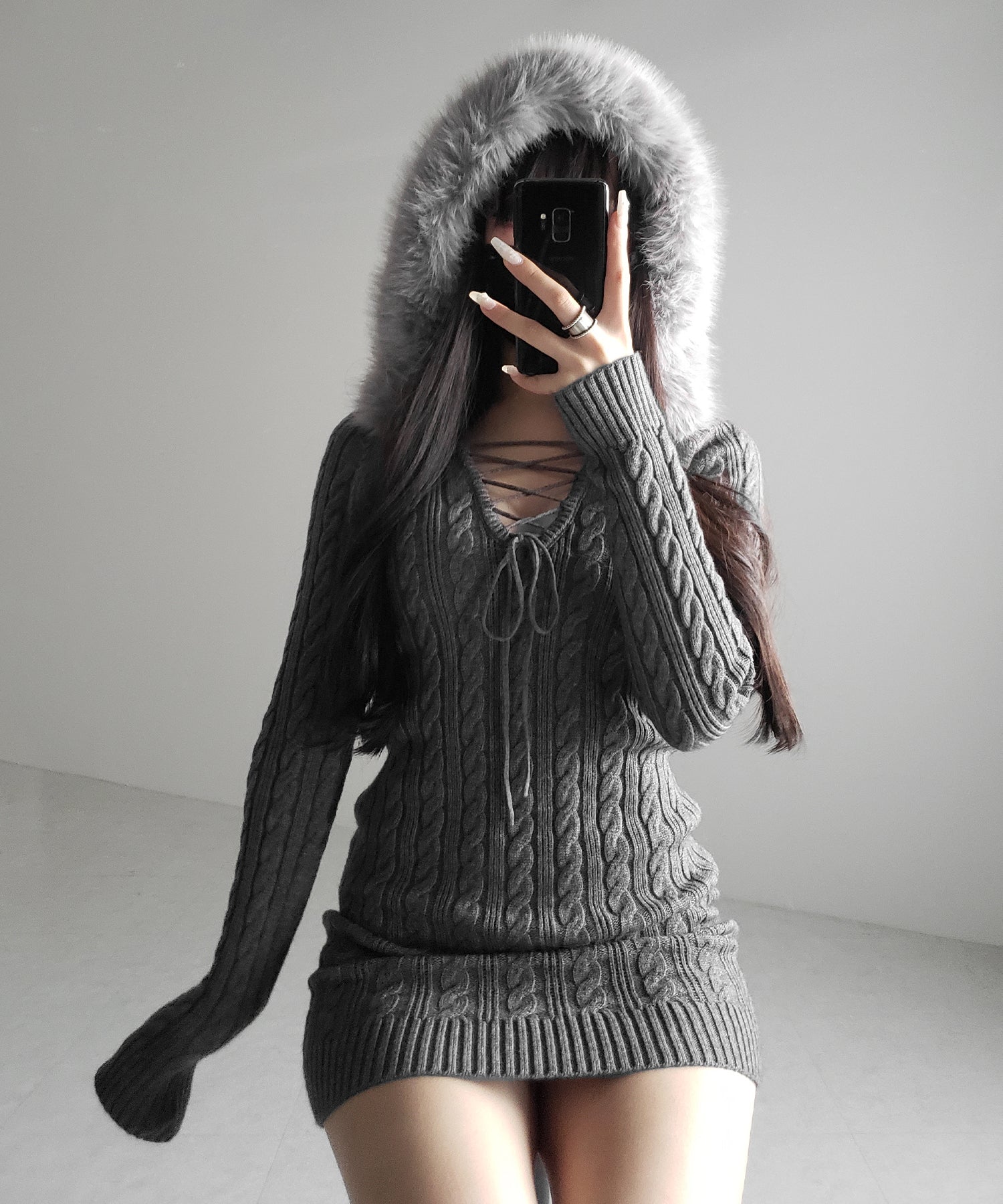 ファーフーディレースアップレディニットミニワンピース ／ fur hoodie lace up lady knit mini onepiece