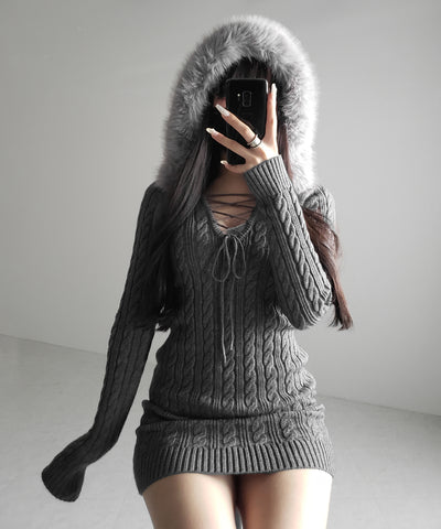 ファーフーディレースアップレディニットミニワンピース ／ fur hoodie lace up lady knit mini onepiece