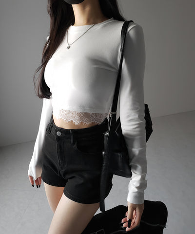 【 裏起毛 】裾レースドッキングショートＴシャツ ／ hem lace docking short Tee