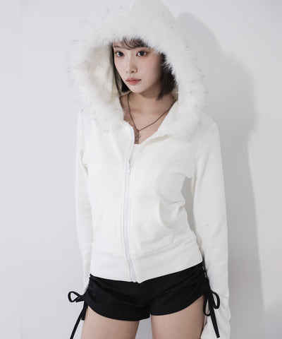 フェイクファーフーディジップアップパーカー ／ fake fur hooded zipup hoodie